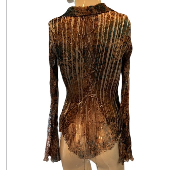 Kamarov Mixed Print Multicolored Pleated Lacey Lace Up Back Detail Blouse Size S - Picture 5 of 13